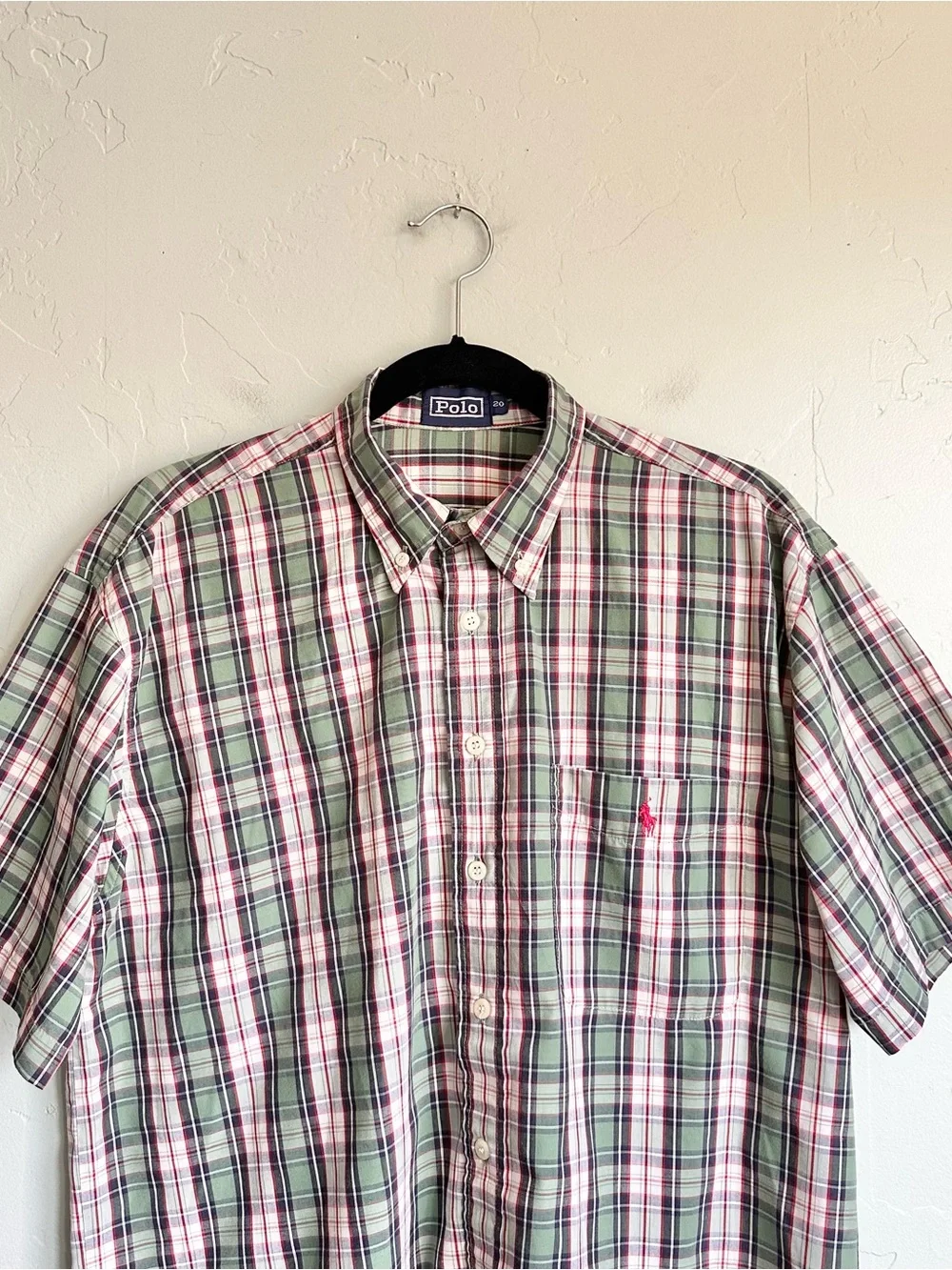 Vintage Polo Ralph‎ Lauren Men Preppy Green Plaid Short-Sleeve Button-Down Shirt